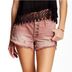Sz24 Free People Runaway Slouch Button Fly Raw Edge Distressed Shorts Pink EUC